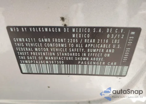 2012 Volkswagen Jetta 2.5L Se z USA, uszkodzony, nr VIN 3VWDP7AJ6CM387309